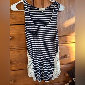 Paper Tee Navy and White Striped Tank Top with Lace